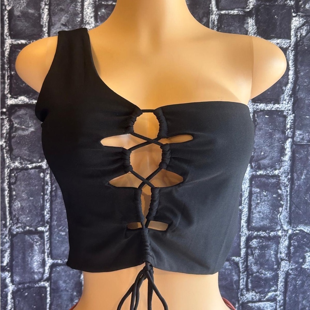 Black One-Shoulder Lace-Up Top